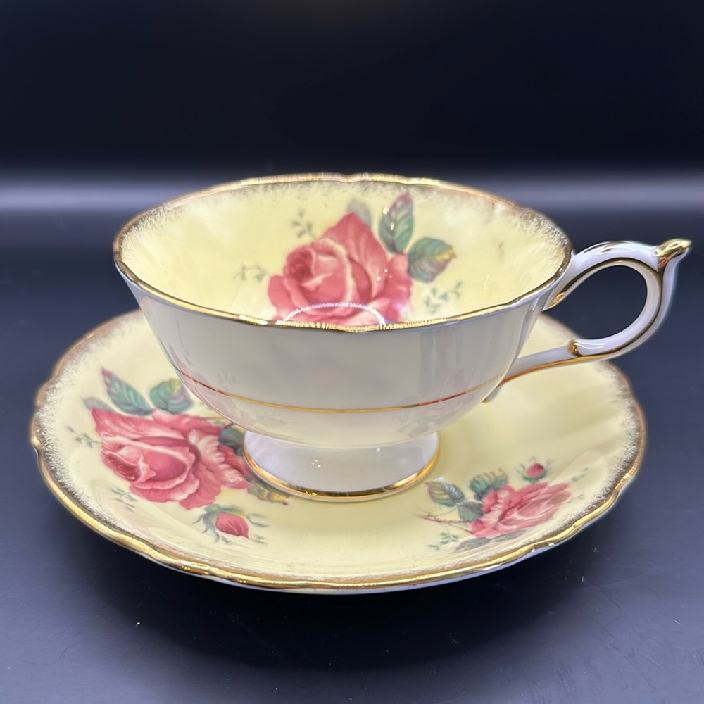Paragon Rare Yellow Teacup Saucer Pink Cabbage Rose